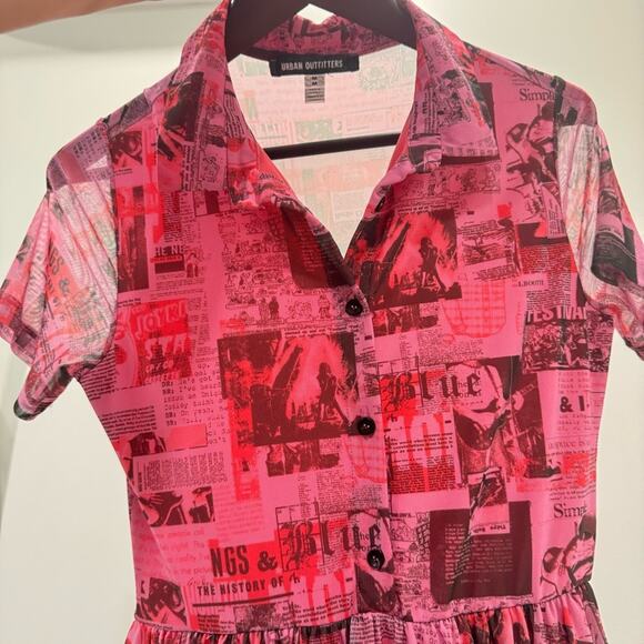 Urban Outfitters Neon Pink Medium Newsprint Sheer/ Lined dress Euro Summer - Picture 6 of 9